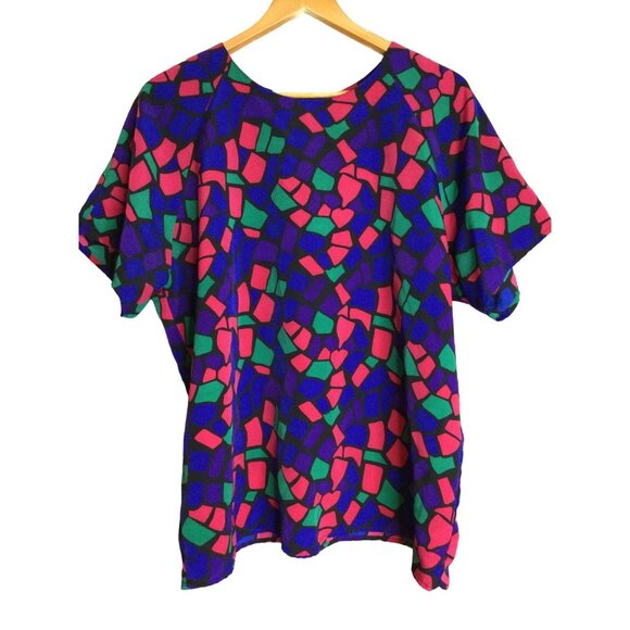 Vintage Womens Blouse Top Colorful Stained Glass Look Plus Size 18 W Truffles - Picture 1 of 6